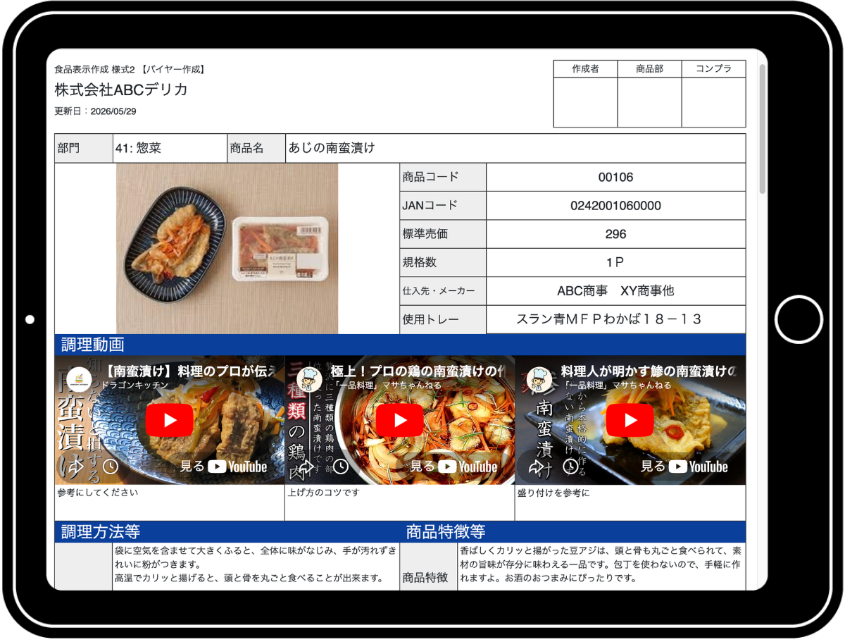 商品レシピ画面 — デリカプランナー